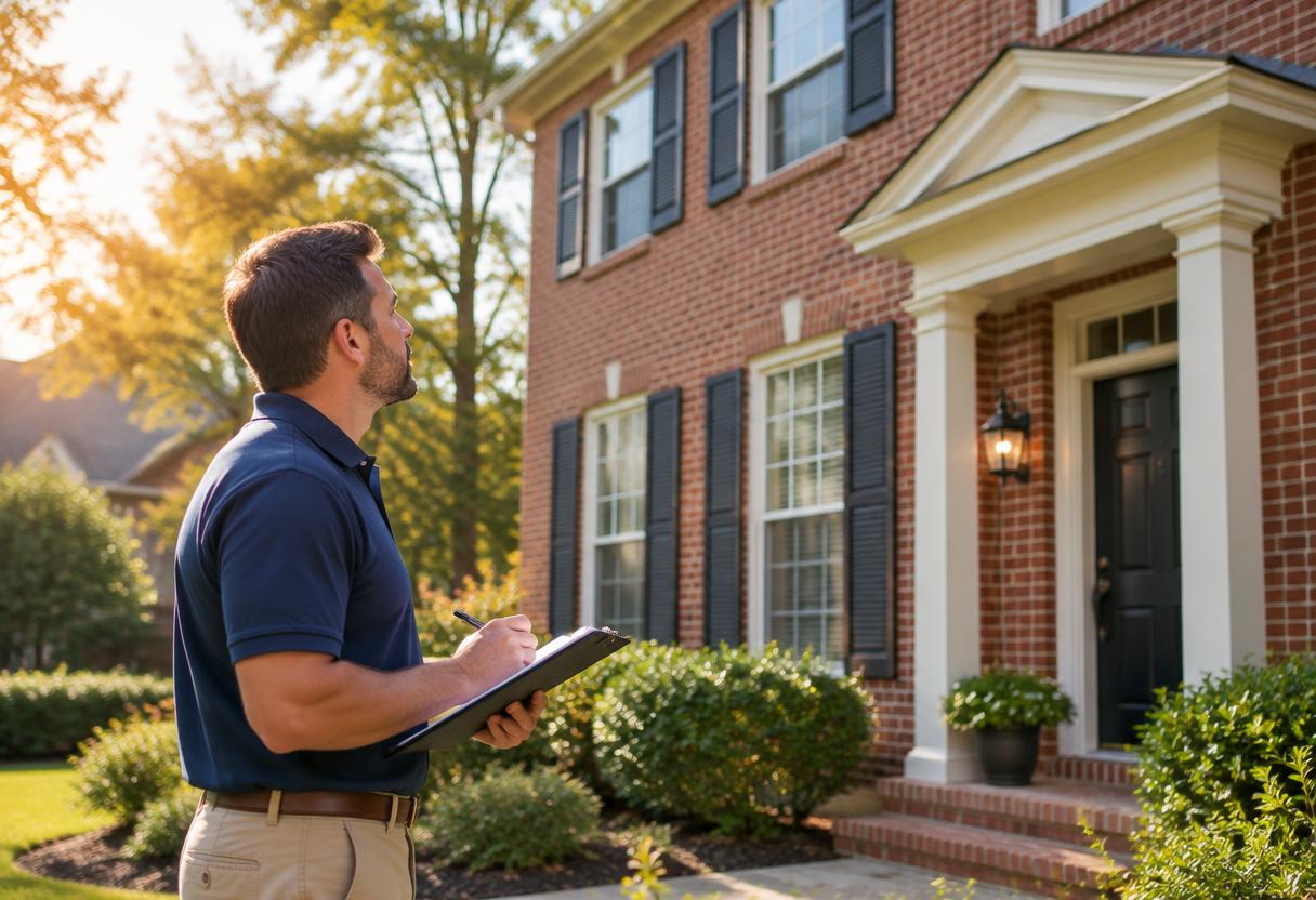 Home inspector examining the exterior of a brick home